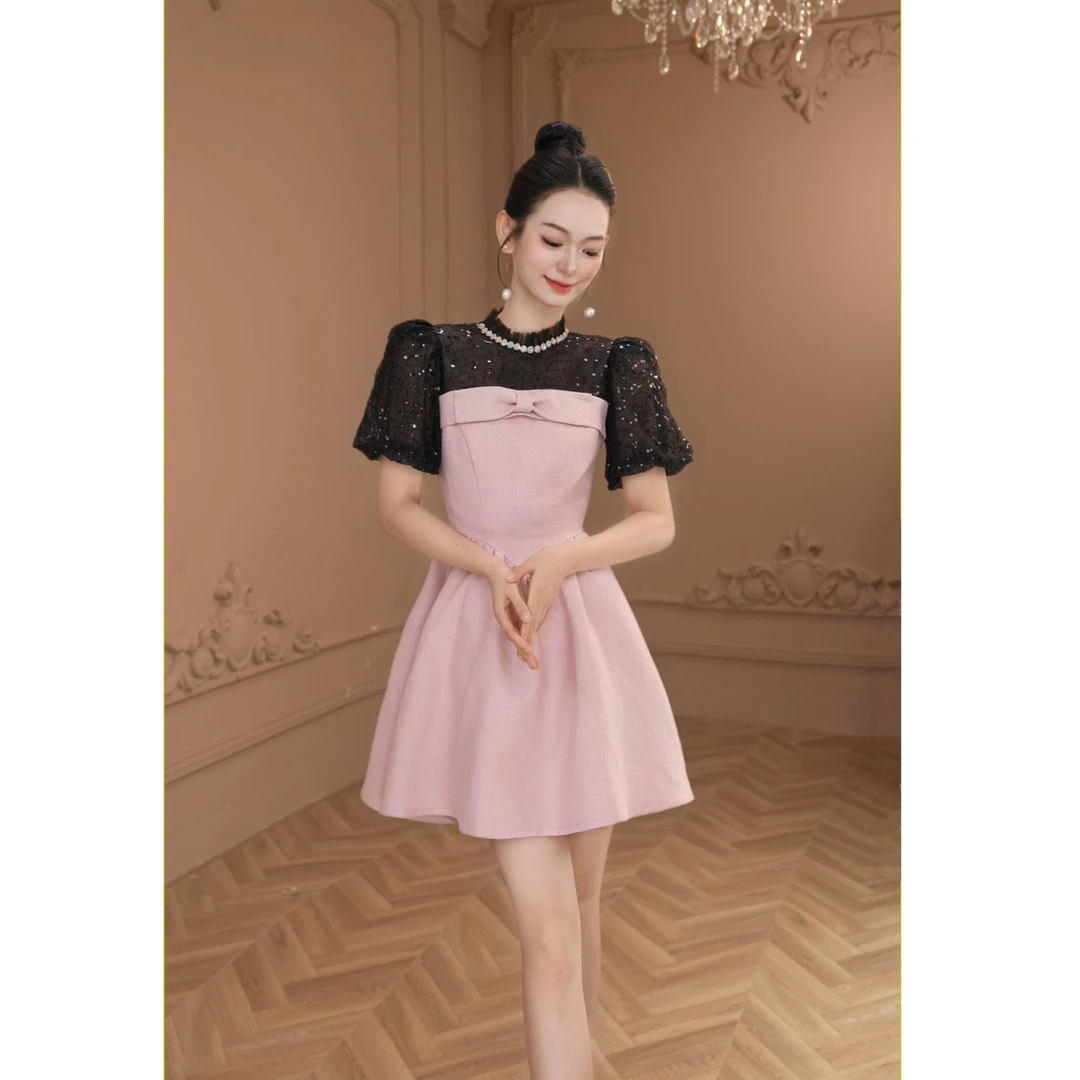 【设计师定制】法式圆领镶钻撞色拼接显瘦亮闪夏季小众连衣裙65311