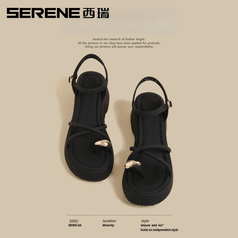 西瑞女鞋软底透气露趾凉鞋女2025夏季新款一字带套趾休闲鞋不累脚