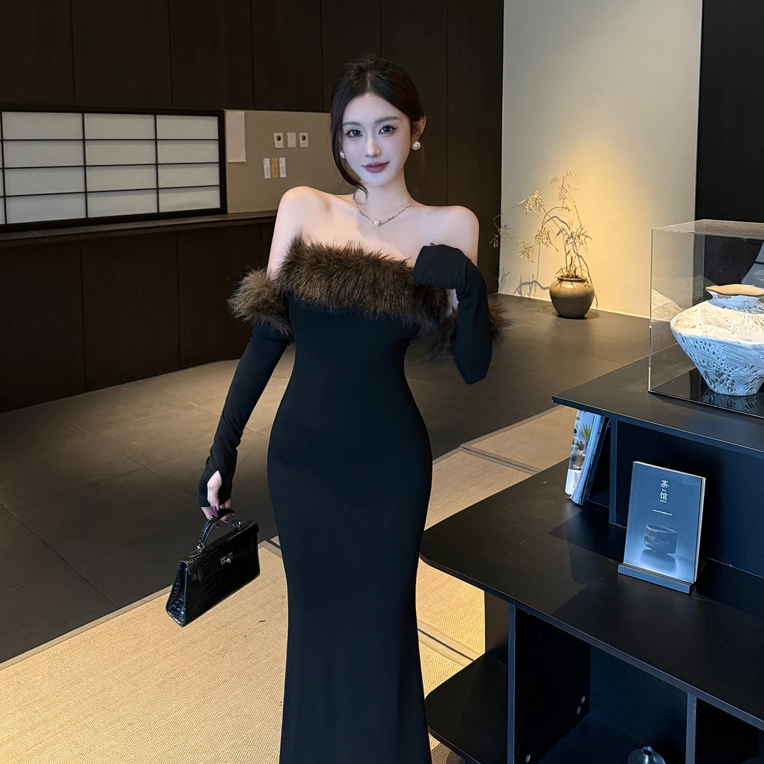 INSTUNNING法式一字肩毛毛领黑色连衣裙年会轻奢气质宴会包臀长裙