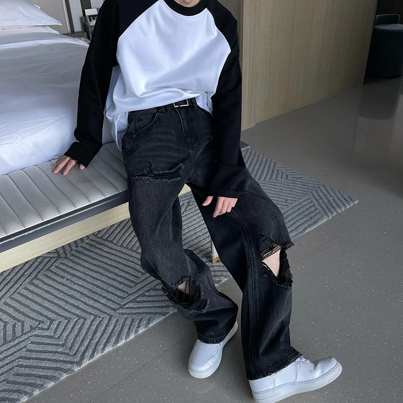 男休闲复古做旧破洞牛仔裤直筒宽松春夏新款潮流显瘦韩版修身DS