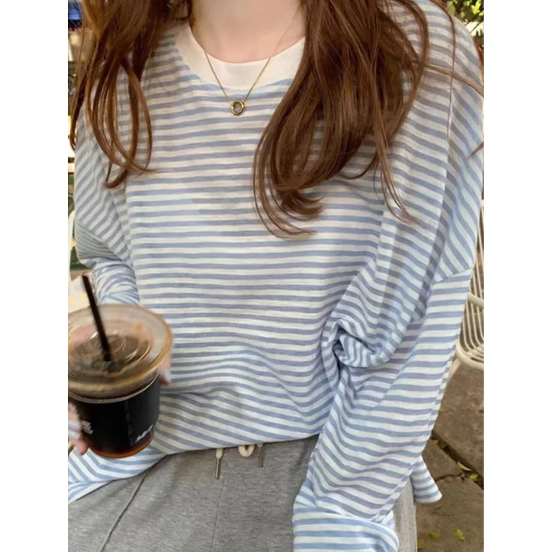 条纹长袖防晒T恤女薄款细条纹多巴胺色清爽百搭宽松上衣