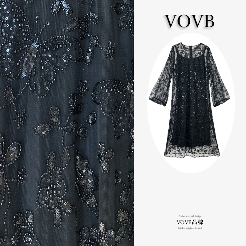 VOVB【蝴蝶】时尚百搭原创设计款亮片轻奢风通勤长袖连衣裙-8252-1
