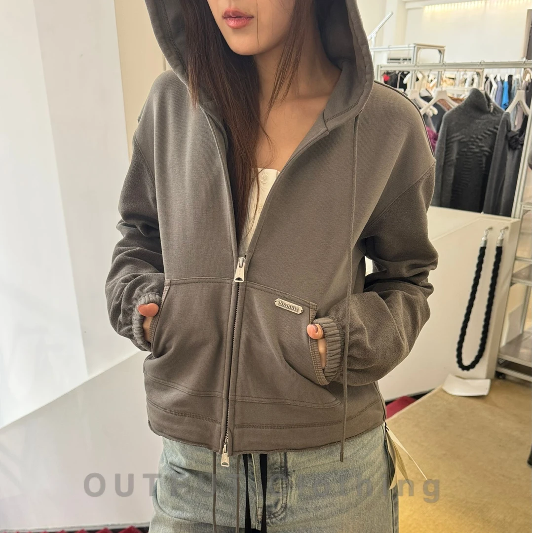 UN MUTE 设计师品牌【output】灰驼色缩水版连帽卫衣