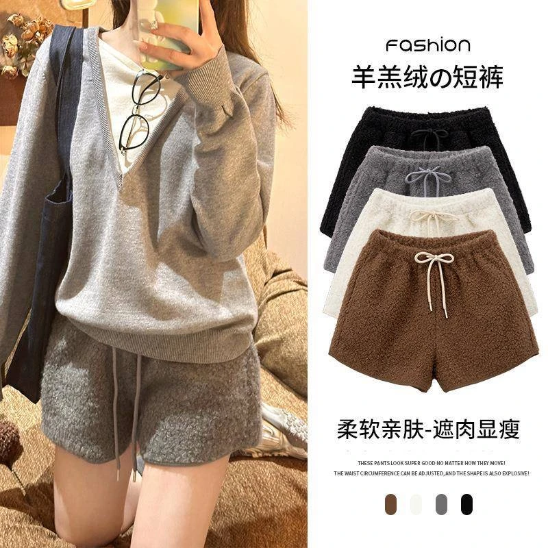 冬季刺绣保暖松紧腰高腰热裤短裤夏季亲肤百搭ins