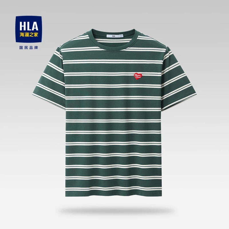 HLA/海澜之家夏季男士条纹短袖T恤清爽透气圆领百搭休闲短t男