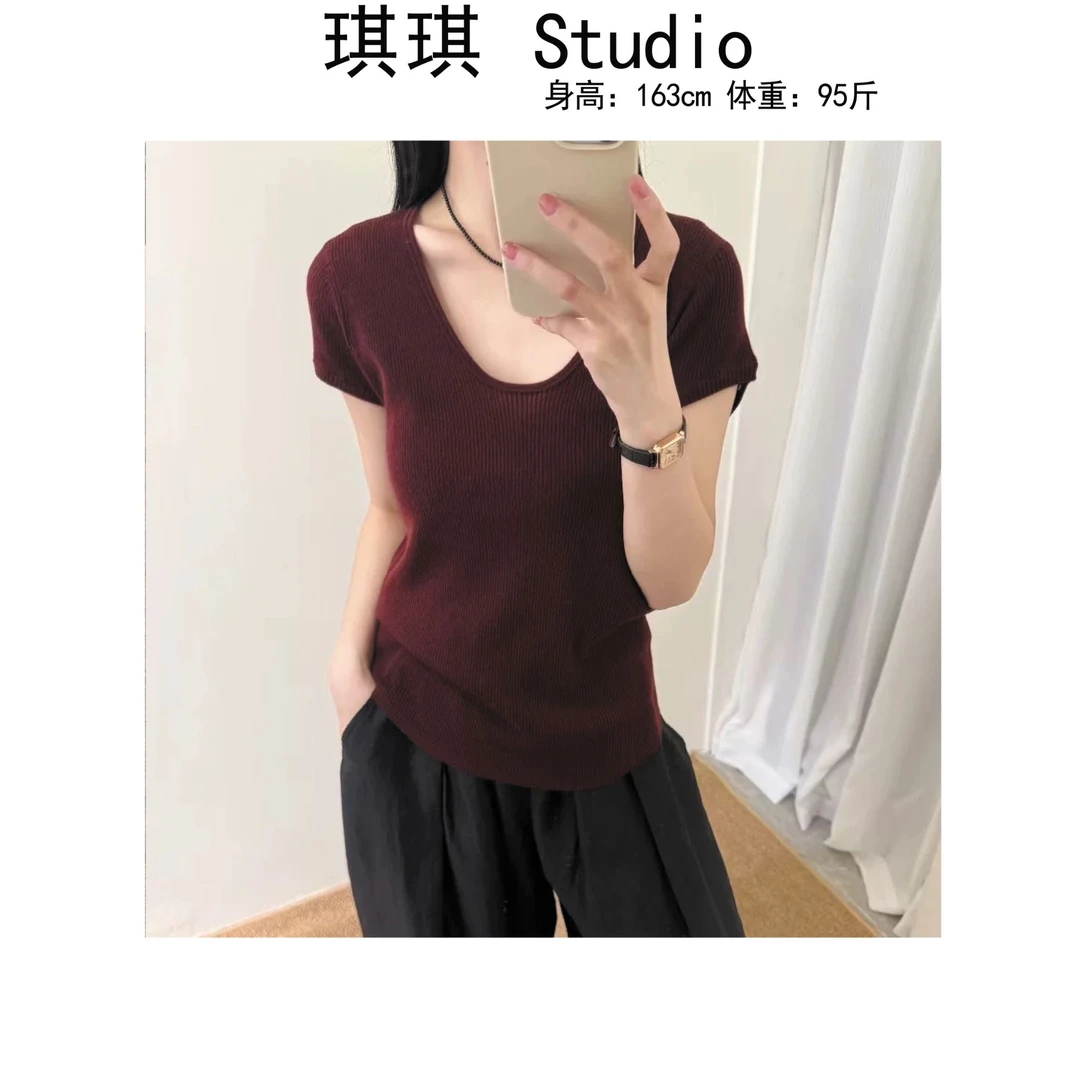 《琪琪家》早秋新款纯色基础简约舒适亲肤U领显瘦减龄短袖25412-N