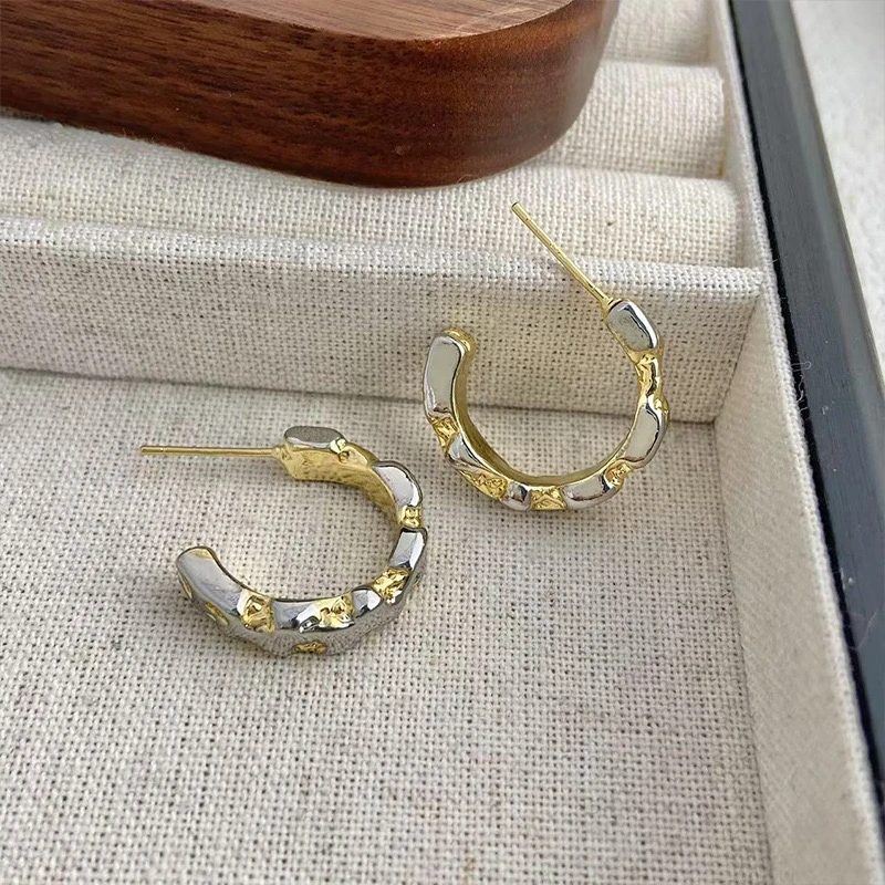 铜合金耳饰 S098高级小众气质肌理感精致厚实圈百搭银针耳夹耳钉