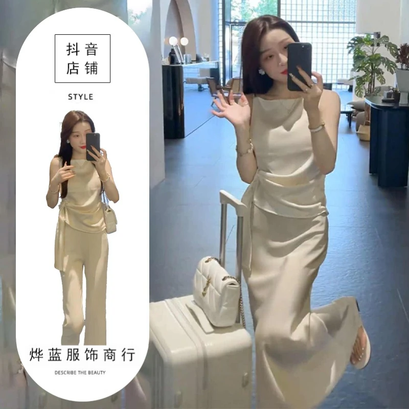 休闲气质收腰绑带无袖上衣微喇裤套装女显瘦两件套夏季女装高级感
