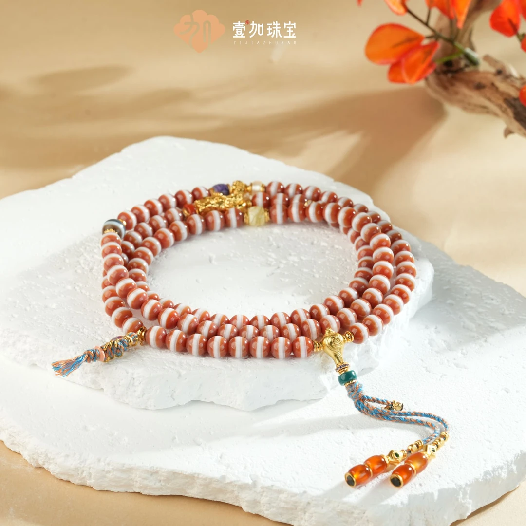 壹加安琪 | 红宽线药师108玛瑙项链多样性发货发其一