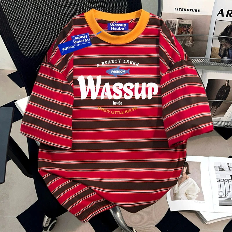WASSUP HSUBE美式复古撞色条纹短袖T恤夏季潮酷休闲圆领半袖上衣
