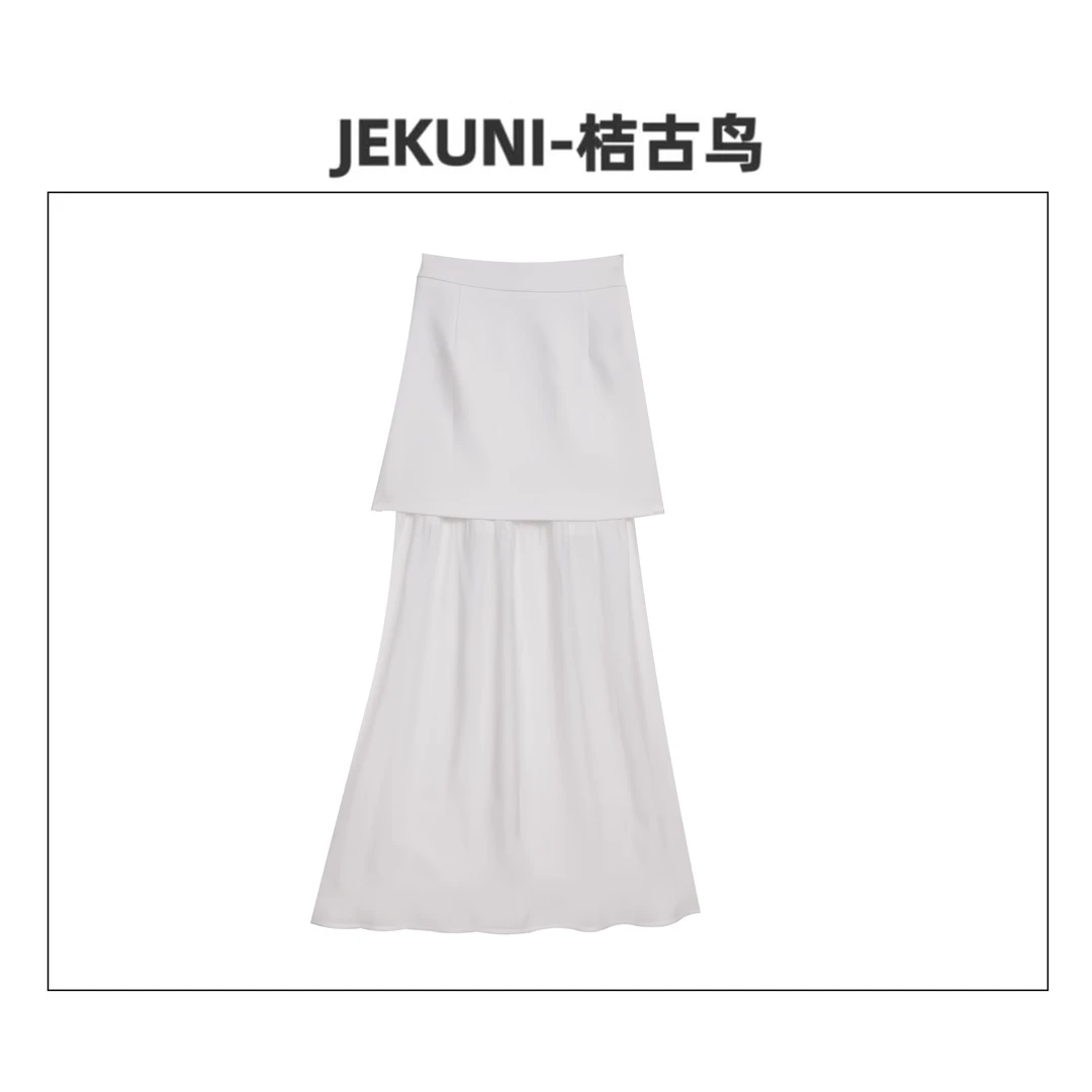 JEKUNI/桔古鸟白色直筒裙高腰拼接网纱半身裙百褶不规则半身裙
