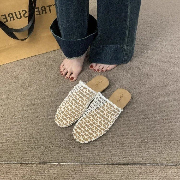 法式网面编织包头外穿半拖鞋2025新款仙女风百搭渔网平底凉拖鞋女