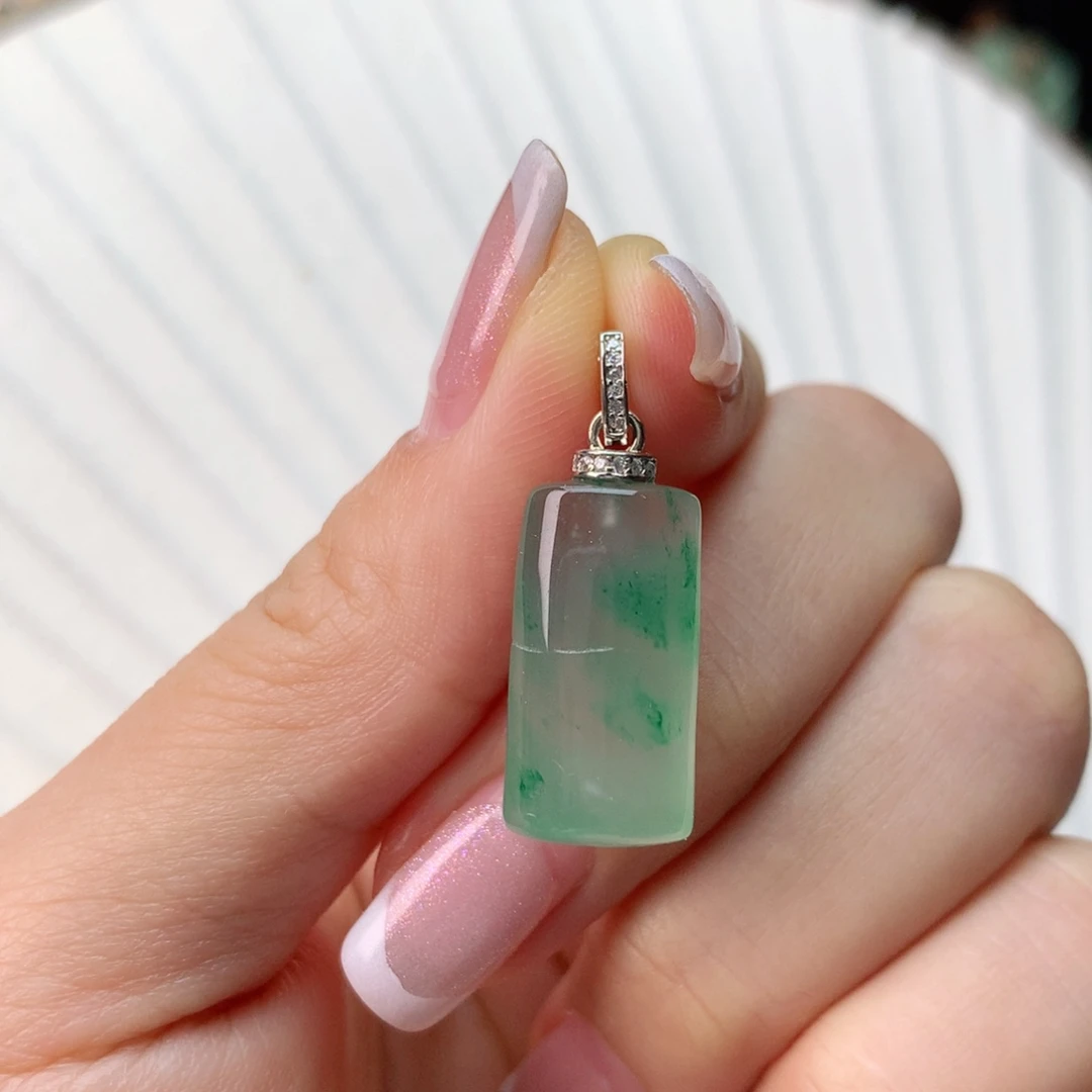 石英质玉冰飘花精品竹节吊坠银S925镀金镶嵌