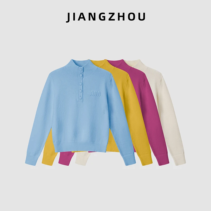 江洲【艳阳】秋冬新款羊毛衫时尚百搭绣花字母半高领女松软套头毛衣