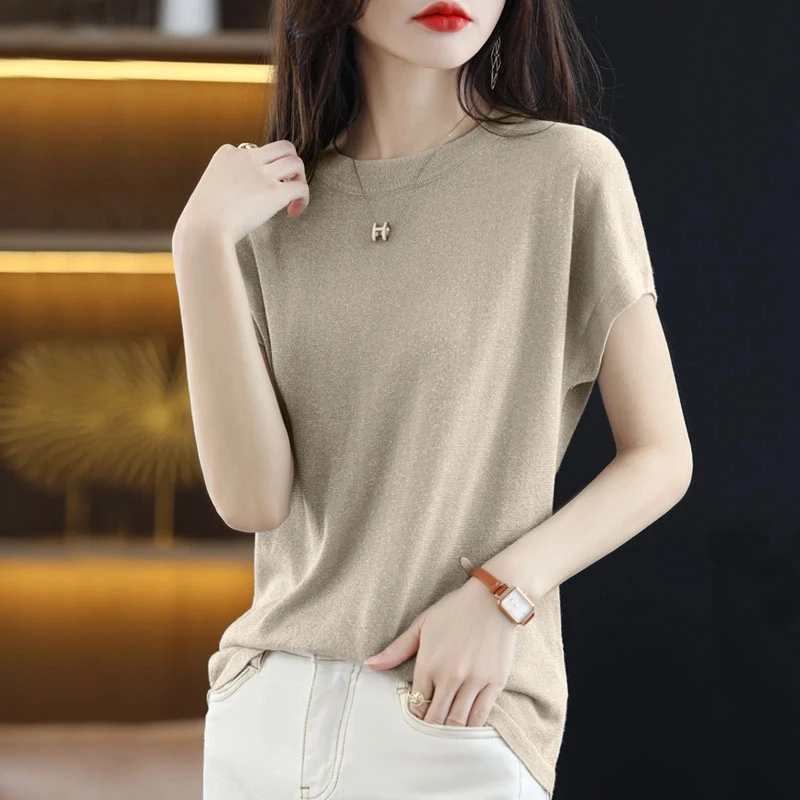 百搭时尚亚麻轻奢星空纱简约冰丝纯色夏季洋气打底衫显瘦