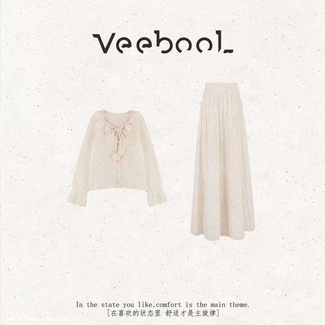 薇宝儿Veebool【花纱茉莉】冬季立体花朵设计感毛衣半身裙套装女