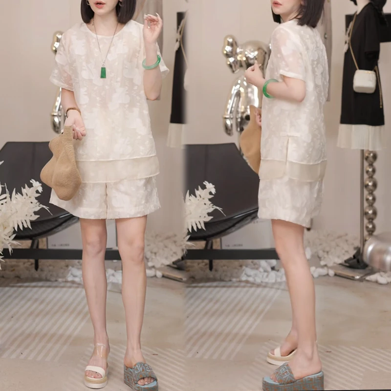 提花圆领短袖上衣休闲短裤套装女2025年夏季新款时尚洋气两件套潮