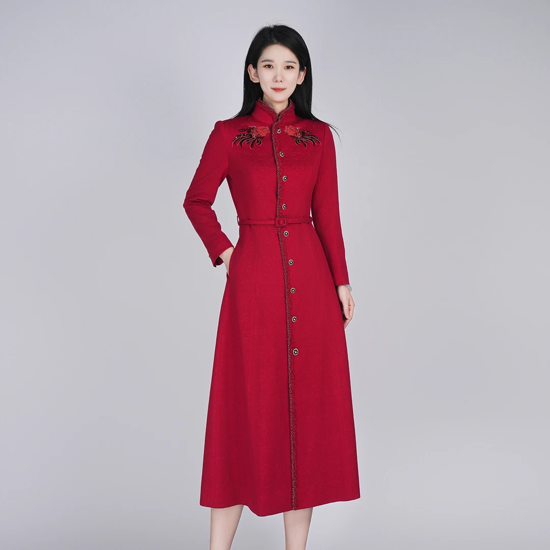 中国风羊毛立领精致刺绣花长袖显瘦通勤女金禧连衣裙HCSS050972