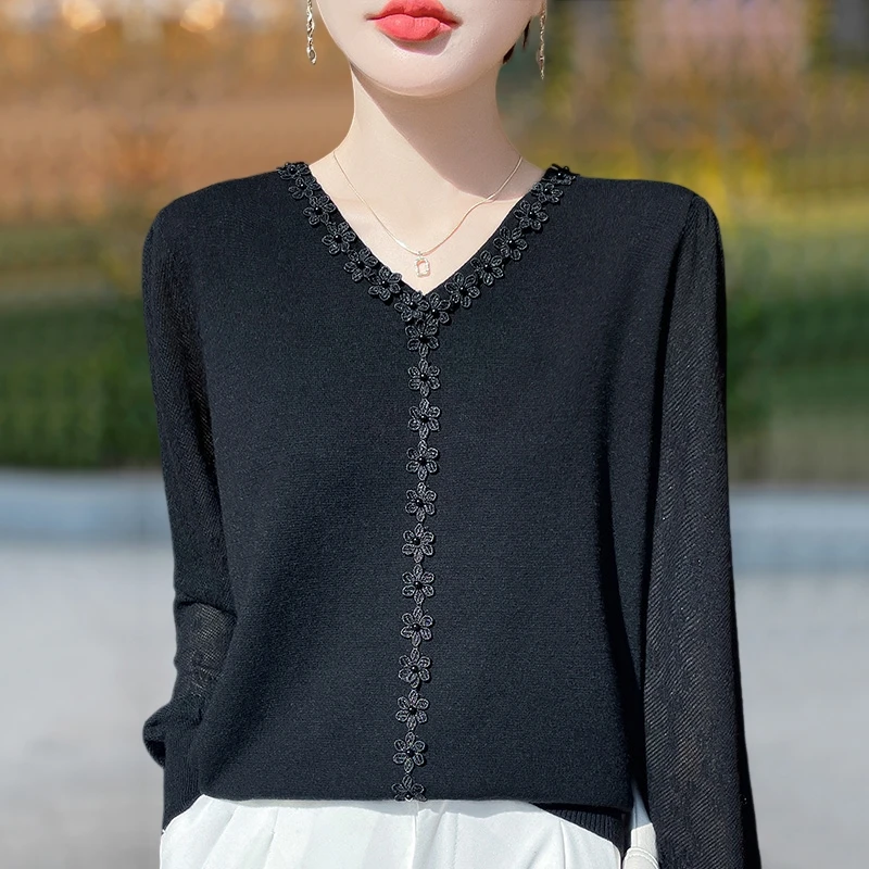 胖mm春秋大码v领毛衣女遮肚子显瘦巨上衣2025新款蕾丝针织打底衫