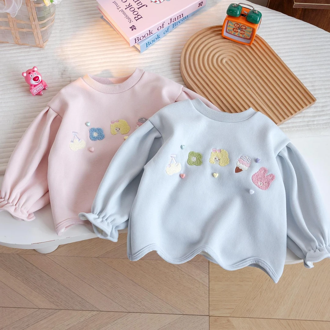 韩系气质小女孩洋气可爱刺绣卡通卫衣24新款泡泡袖加绒百搭上衣t