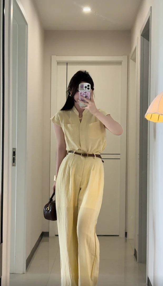 2025新款法式复古修身百搭V领短袖上衣气质高腰显瘦阔腿长裤套装