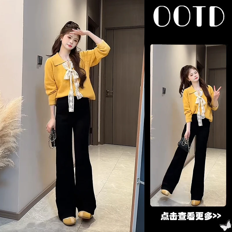 超火早秋穿搭一整套女2025新款黄色翻领针织开衫百搭休闲裤两件套