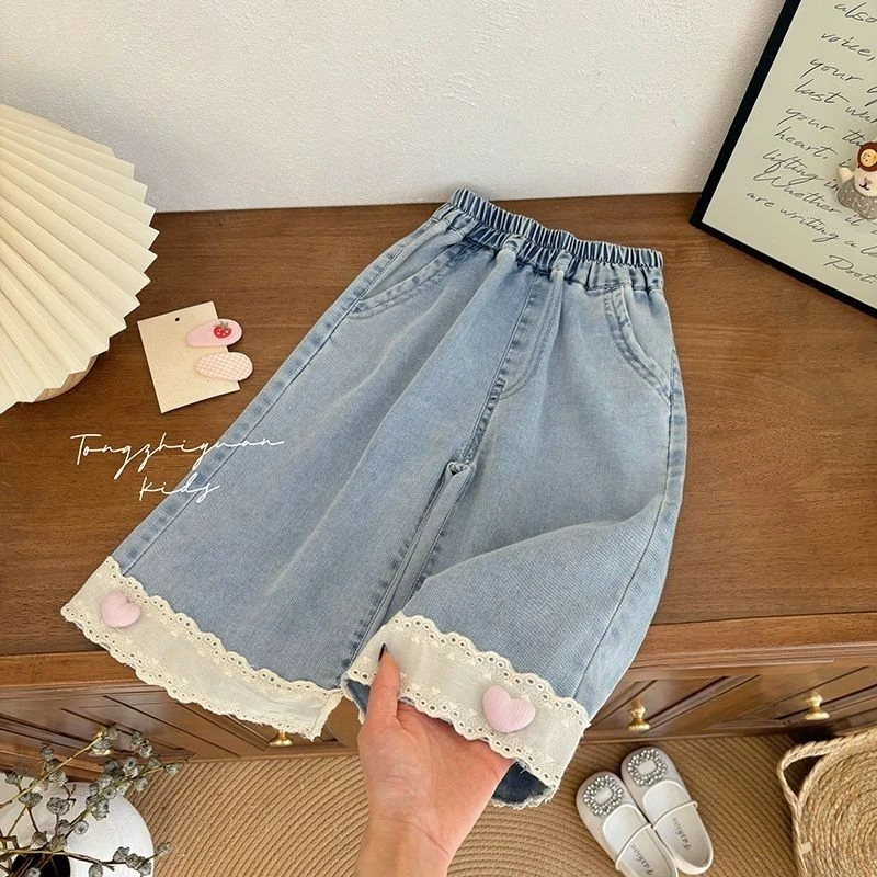 女童夏季2025新款洋气花边阔腿裤儿童牛仔裤宝宝爱心七分裤宽松