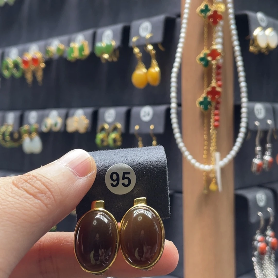 @***声和田玉银S925镶嵌耳饰95号