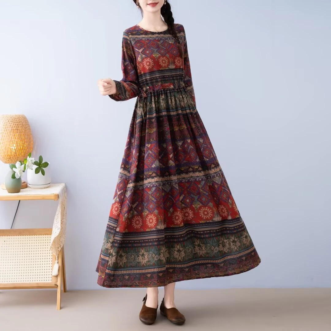 053-2 长袖系带民族风连衣裙女装中长款复古印花宽松时尚