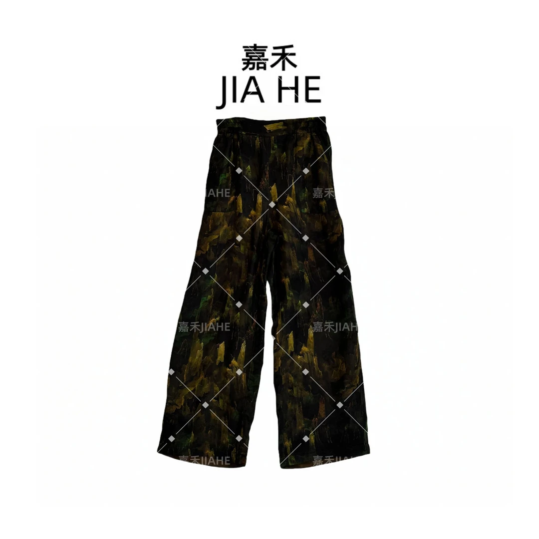 【山云峰】新中式国风印花提花阔腿裤复古百搭女士休闲长裤直筒时尚