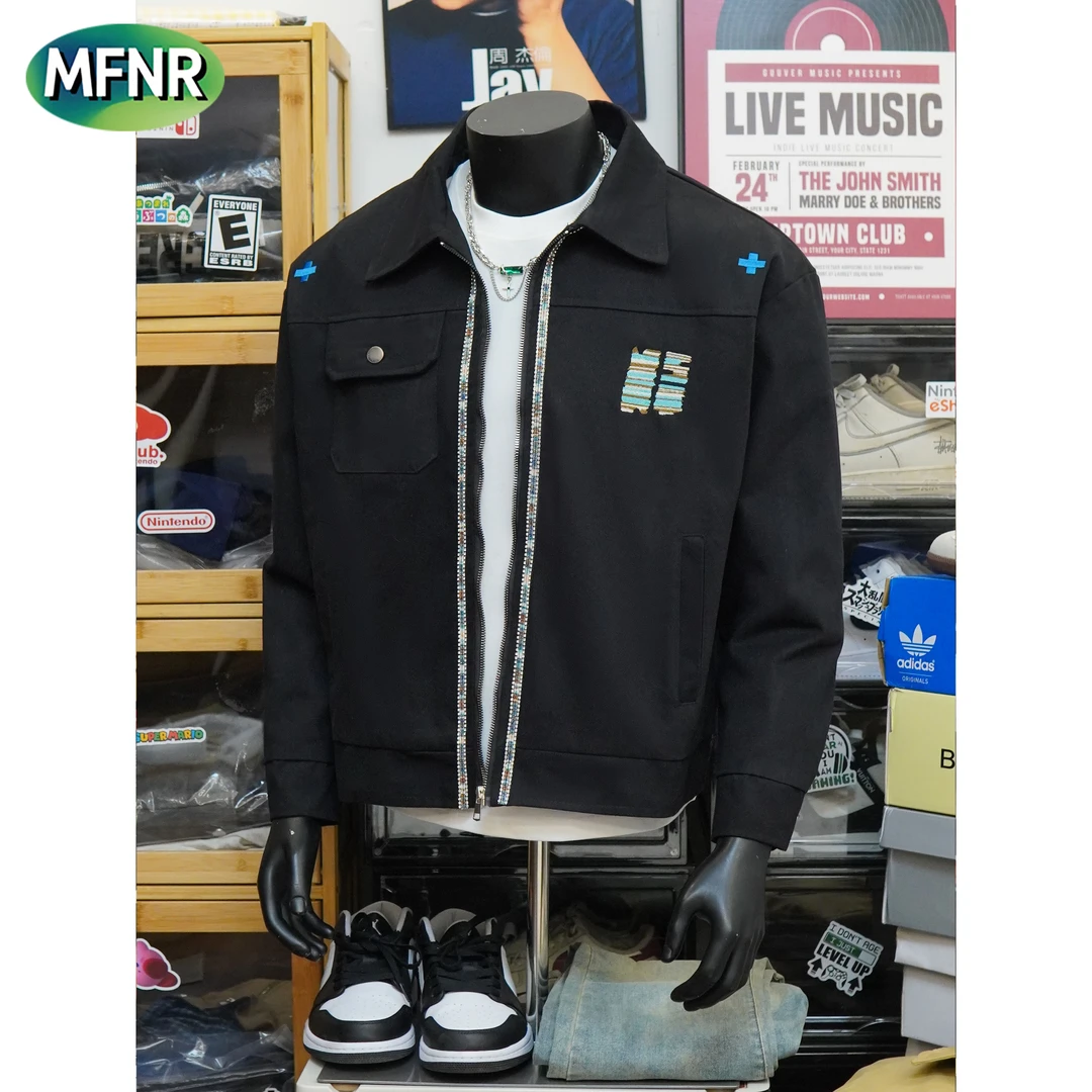 美式复古小刺绣工装夹克男女翻领宽松镶钻门襟微廓情侣百搭外套男