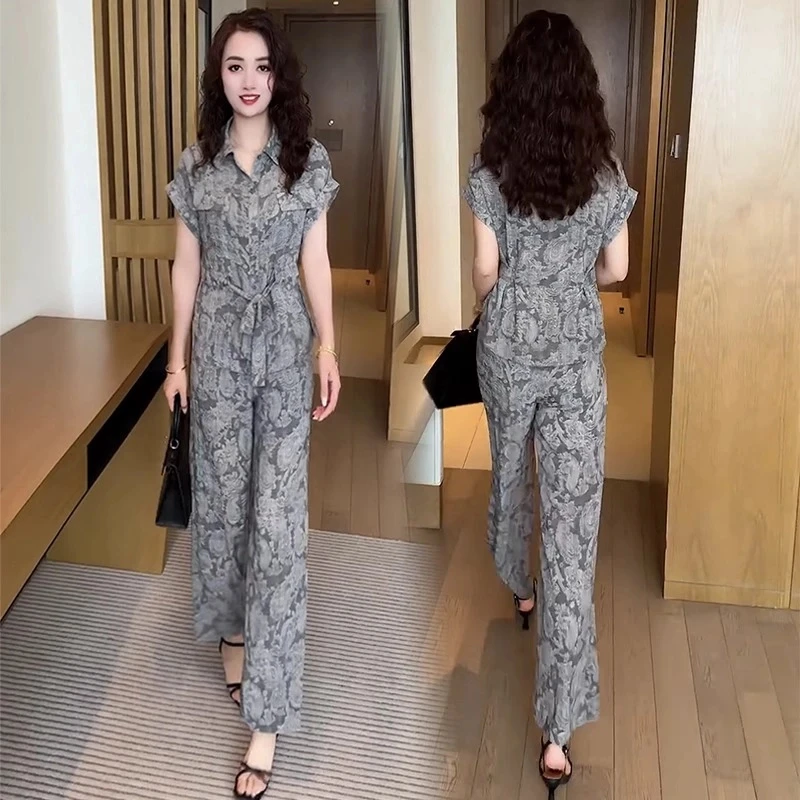 时尚洋气碎花套装女2025夏季新款遮肚子显瘦衬衫阔腿裤冰丝两件套