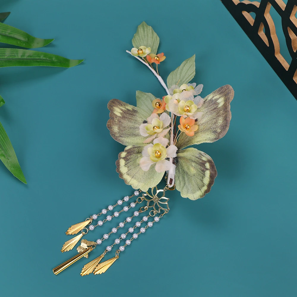 HF2610新款原创设计古风发夹手工制作绿色蝴蝶流苏妆造汉服头饰