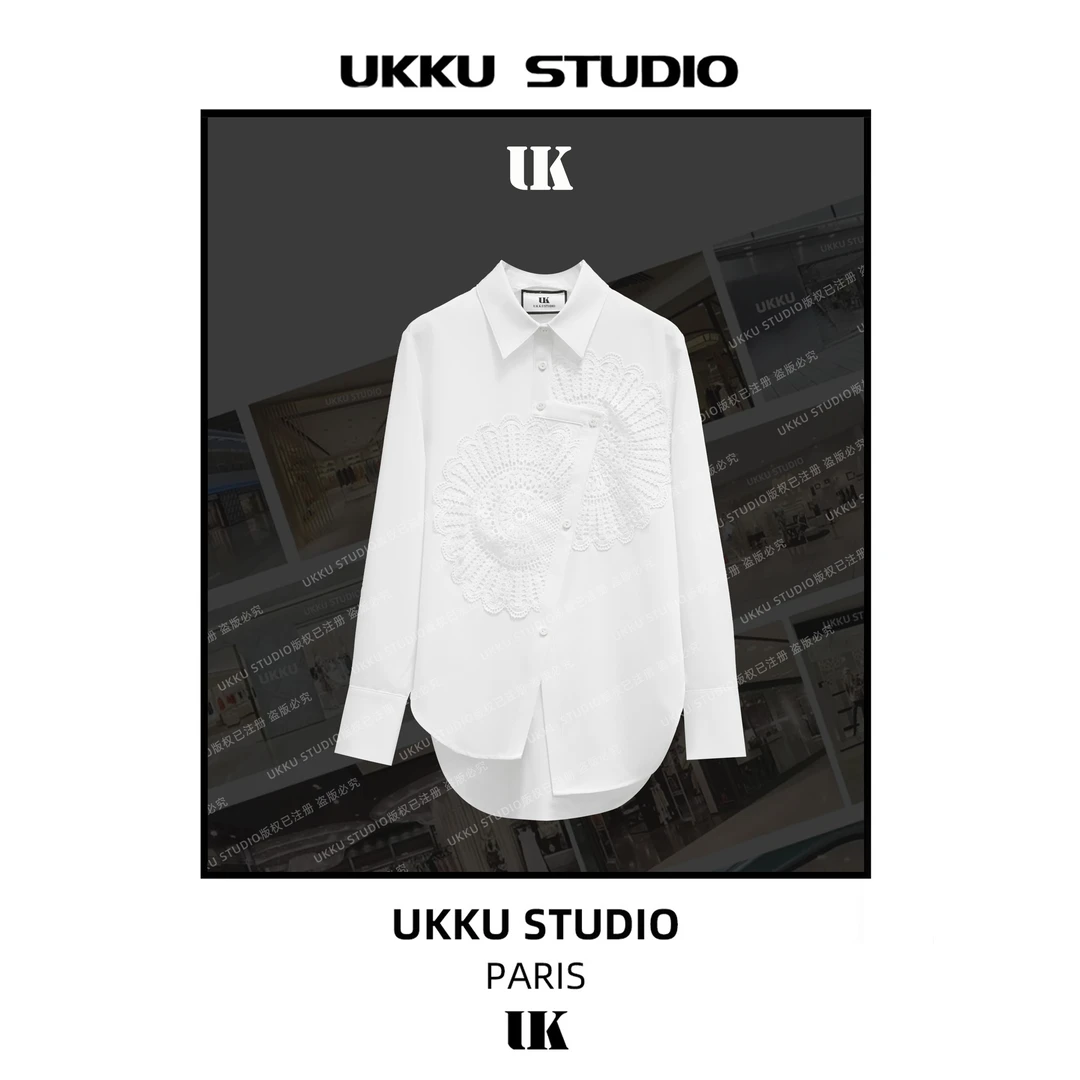 姣姣【UKKU】早春设计感重工钩花拼不规则下摆衬衫913439
