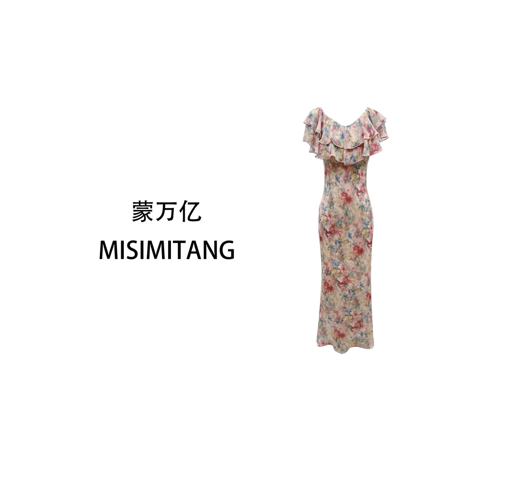 【琉璃】夏款斜裁显瘦女装连衣裙长款扎染欧若风时尚轻奢气质一字肩