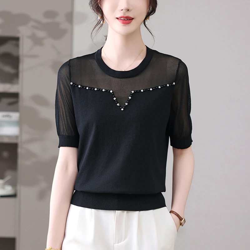 高级感钉珠短袖针织衫女气质蕾丝上衣夏季2025新款妈妈装洋气t恤