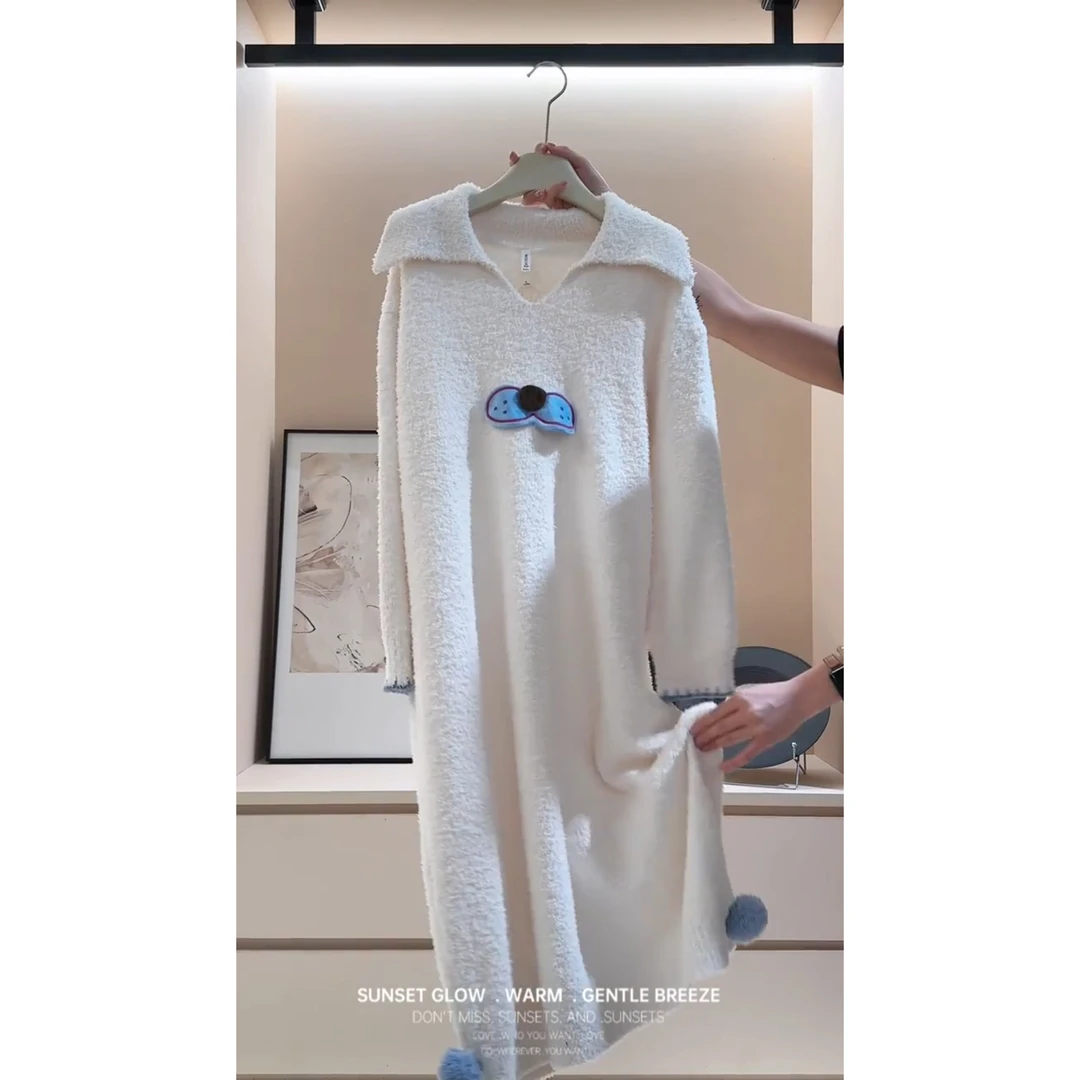 翻领针织半边绒中长款睡裙女秋冬季新款休闲舒适家居服睡衣可外穿