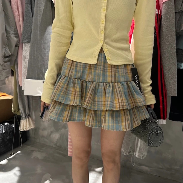 【一个亦】松紧腰百褶格子蛋糕裙N