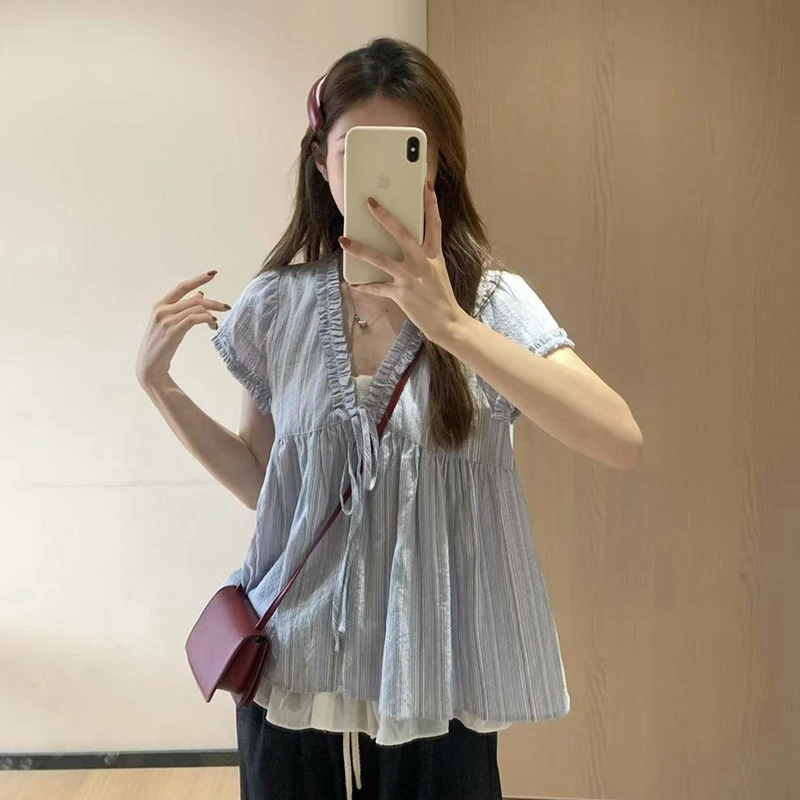 微胖妹妹2025夏新款大码条纹假两件短袖小衫宽松显瘦上衣女8270-1