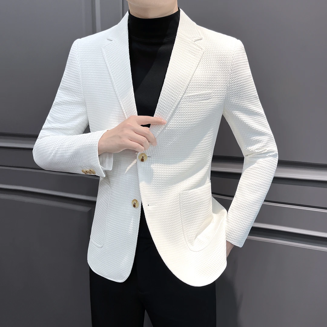 华夫格西装外套男款2025新款爆款高级感白色休闲西服单件上衣男士