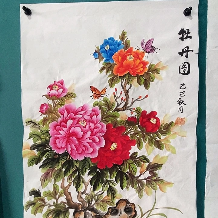 国画四尺三开手绘花鸟