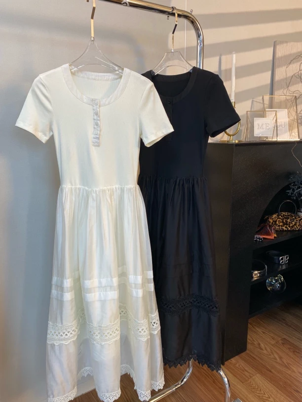 【MI,XI】法式螺纹针织拼接丝感两色大摆连衣裙51528