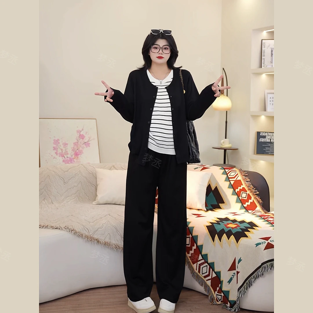 梦丞-胖mm秋季大码女装宽松显瘦遮肉圆领假两件条纹针织开衫女