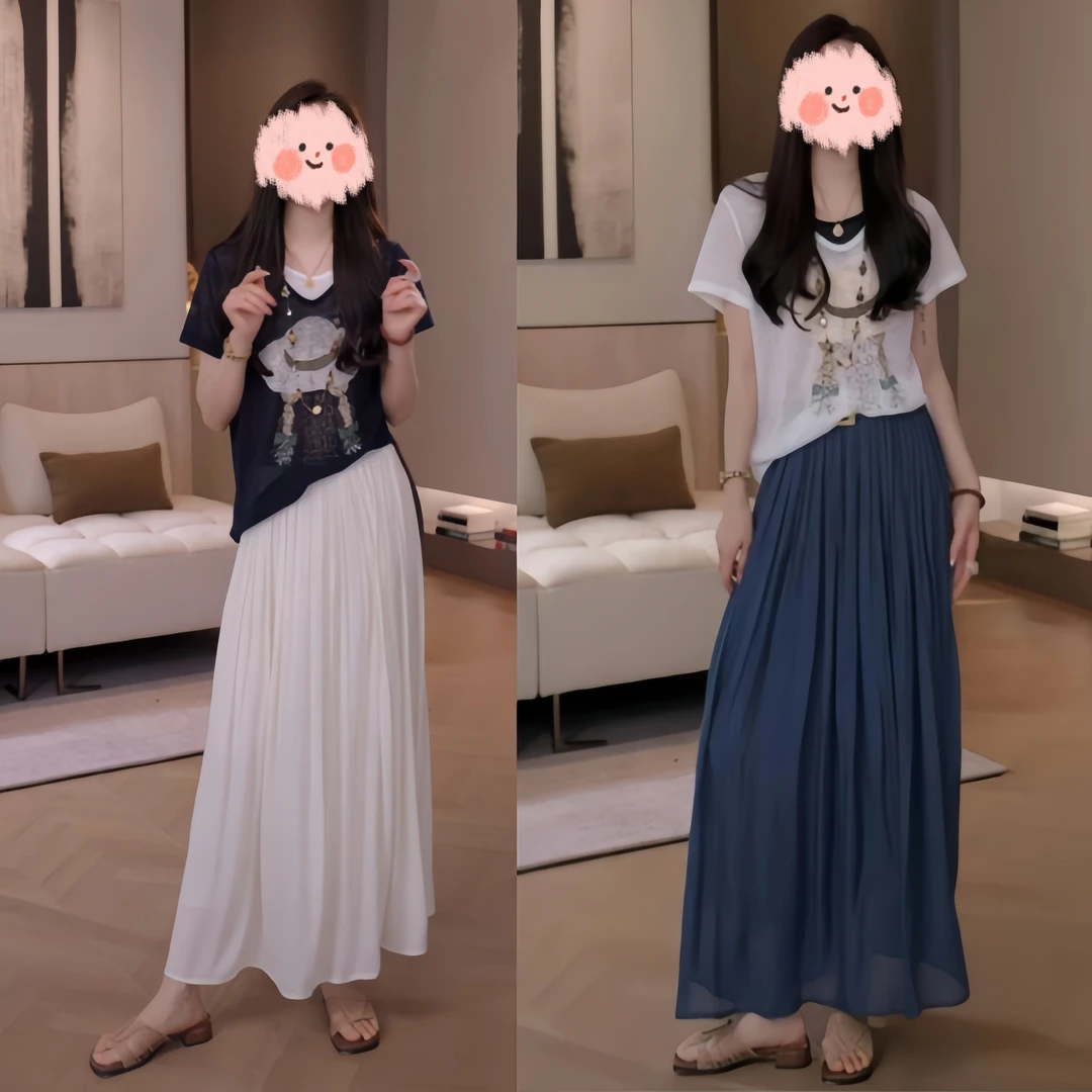 2025夏季新款透气清爽假两件短袖T恤+夏季透气松紧腰半身裙套装