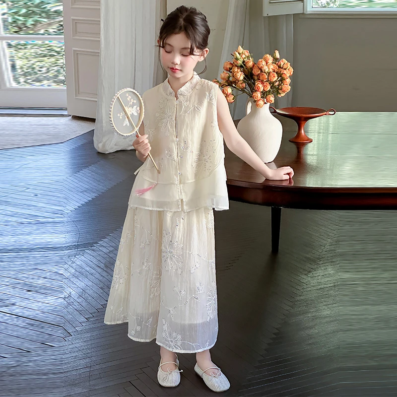 女童夏装套装9-12岁高档女大童衣服国风童装女孩马甲儿童唐装女装