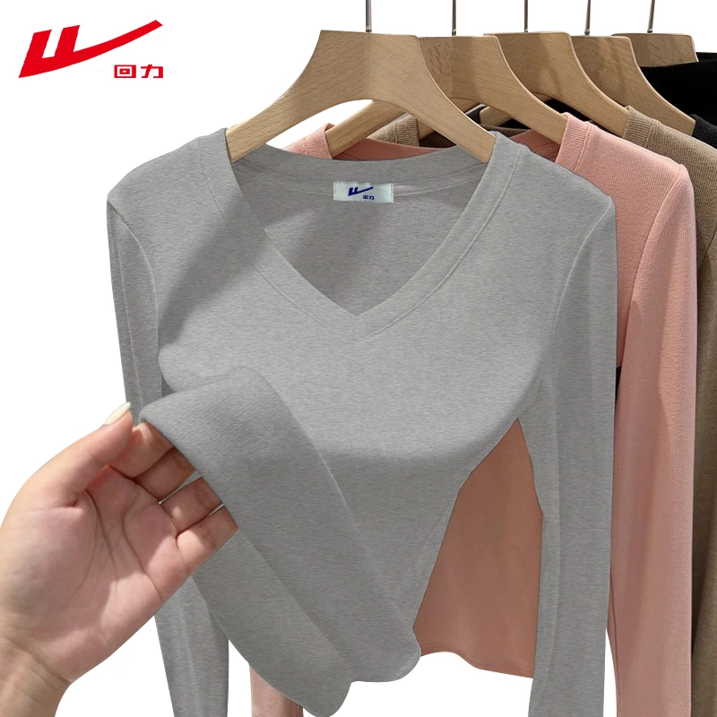 回力秋冬季大V长袖T恤女磨毛纯棉运动修身款外穿时尚常规衣长打底