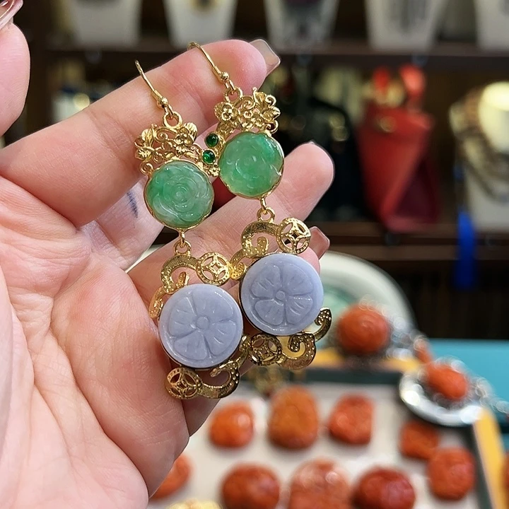 翡翠耳饰银S925镶嵌古风