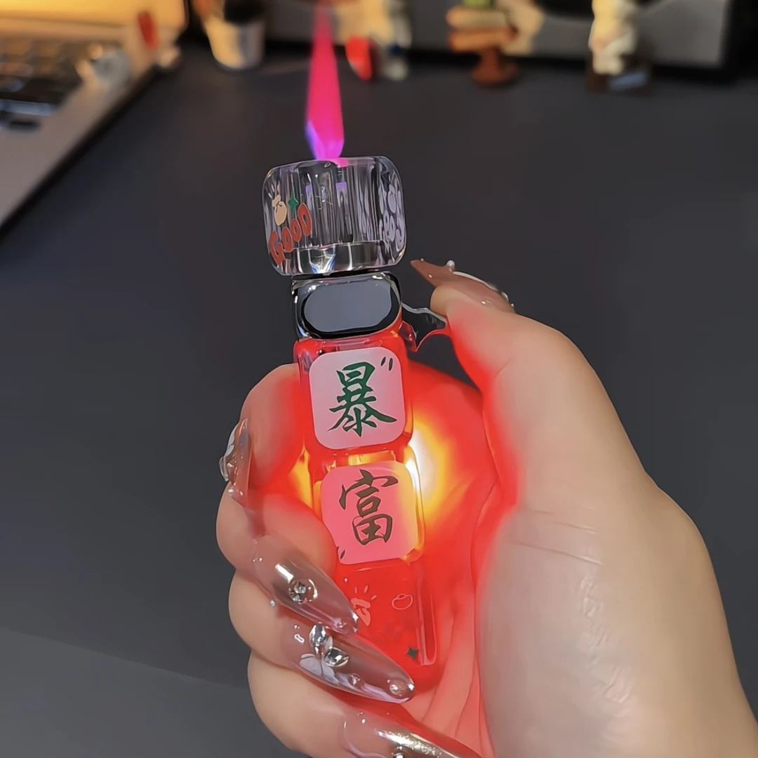 炫酷新款旋转解压爆闪发光发财创意骰子充气打火机男士礼物