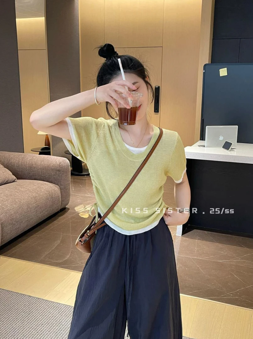 韩系假两件拼接短袖针织衫女士夏季简约百搭修身显瘦休闲打底上衣