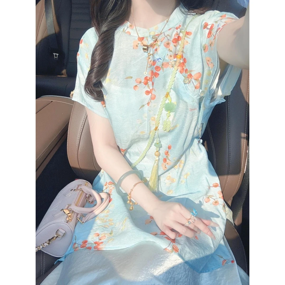 新中式中国风冰川蓝色柿子印花短袖衬衫中长款夏季独特超好看t恤